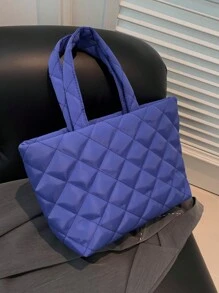 Fashionable Solid Color High Capacity Diamond Patterned Embroidery Thread Weave Stitching Grid Casual Multifunctional Tote Bag Handbag & Shoulder Bag For Women, Shopper Bag - Royal Blue - View 8