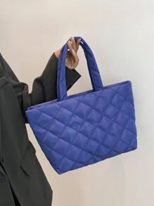 Fashionable Solid Color High Capacity Diamond Patterned Embroidery Thread Weave Stitching Grid Casual Multifunctional Tote Bag Handbag & Shoulder Bag For Women, Shopper Bag - Royal Blue - View 1