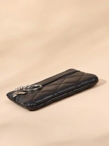 Ví nữ ngắn có khóa kéo đôi bằng da Pu mỏng có đường khâu hình kim cương Ví đựng chìa khóa tiền xu mini Phụ kiện móc khóa đựng thẻ tín dụng Ví nhỏ thanh lịch cho nữ Ví ví nhỏ - màu đen - Xem 5