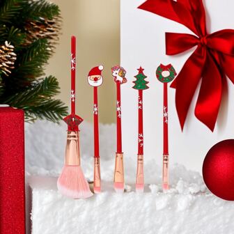Ensemble De Pinceaux De Maquillage En Cheveux Synthétiques Avec Motif D'arbre De Noël Et De Père Noël, Cadeau Festif De La Nouvelle Année, Outils De Beauté - 5 Pièces