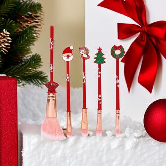 5pcs Christmas Tree & Santa Claus Pattern Synthetic Hair Makeup Brush Set, Festive & New Year Gift, Beauty Tools