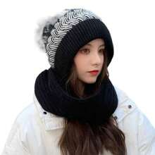 1 Pc Integrated Ear Protection Windproof Cap Scarf Knitting Thickening Hat Winter Beanie Hat Scarf - Black - View 1
