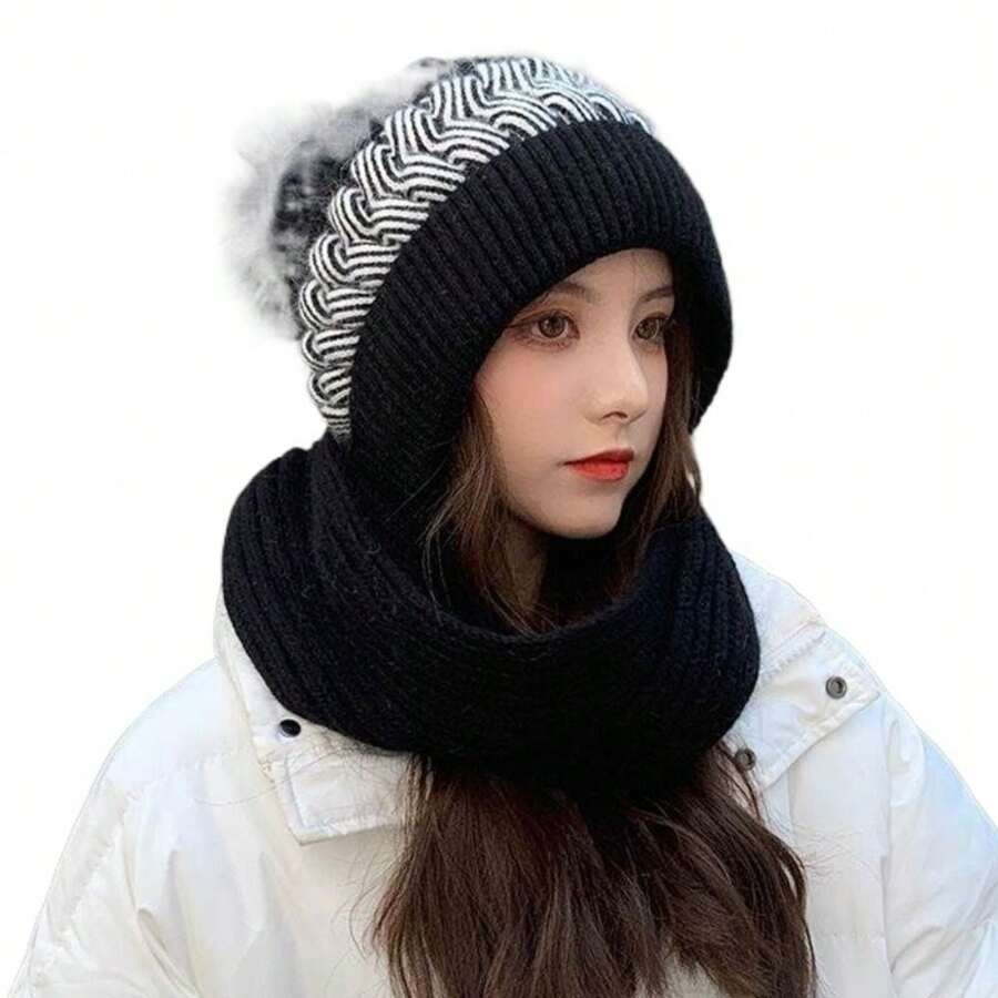 1 Pc Integrated Ear Protection Windproof Cap Scarf Knitting Thickening Hat Winter Beanie Hat Scarf - Black - View 1