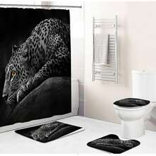 4 Pcs Leopard Shower Curtain Set with Non-Slip Rugs, Toilet Lid Cover and Bath Mat Wildlife Animal Shower Curtain Leopard Cheetah Bathroom Decor with Hooks-White Black - 杏色 - 查看 2