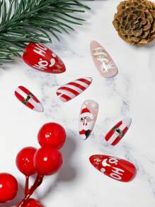 VV MEI JIA ER 24 件裝聖誕節按壓指甲短方形假指甲紅色法式尖頭丙烯酸指甲可愛麋鹿雪花全罩聖誕老人帽假指甲帶設計按壓指甲冬季聖誕美甲裝飾女式女孩 & 1 張膠帶和 1 件指甲銼