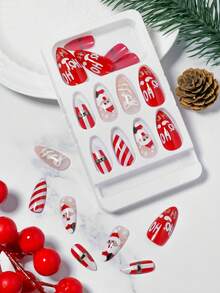 VV MEI JIA ER 24 件裝聖誕節按壓指甲短方形假指甲紅色法式尖頭丙烯酸指甲可愛麋鹿雪花全罩聖誕老人帽假指甲帶設計按壓指甲冬季聖誕美甲裝飾女式女孩 & 1 張膠帶和 1 件指甲銼