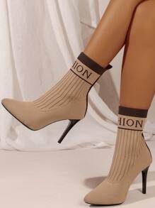 女士弹力袜靴，适合秋冬季节，尖头细高跟，韩版休闲时尚踝靴，节日穿着也合适。 - 卡其色 - 查看 5