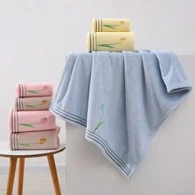 2入組鬱金香花卉圖案沐浴毛巾套裝,親膚柔軟的毛巾,浴室高吸水毛巾,1條沐浴毛巾和1條手巾,浴室配件 - 黃色 - 查看 4