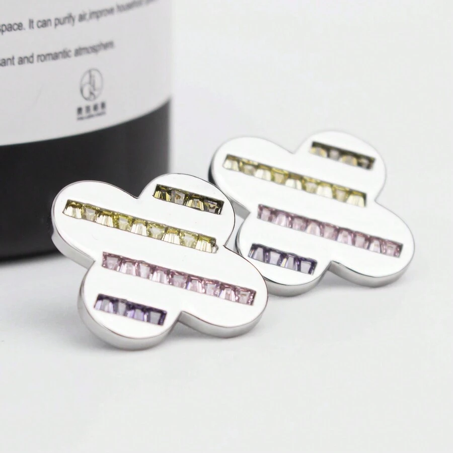 1 Par De Pendientes De Botón De Trébol Incrustados Con Flores De Alta Calidad Y Diamantes De Imitación, Un Lujo Versátil De Diseño Original - Plateado - Ver 1