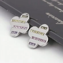 1 Par De Pendientes De Botón De Trébol Incrustados Con Flores De Alta Calidad Y Diamantes De Imitación, Un Lujo Versátil De Diseño Original - Plateado - Ver 3