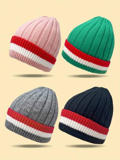 1pc Multicolor Unisex Knitted Hat With Folded Hem And Striped Pattern, Suitable For Daily Wear In Autumn And Winter