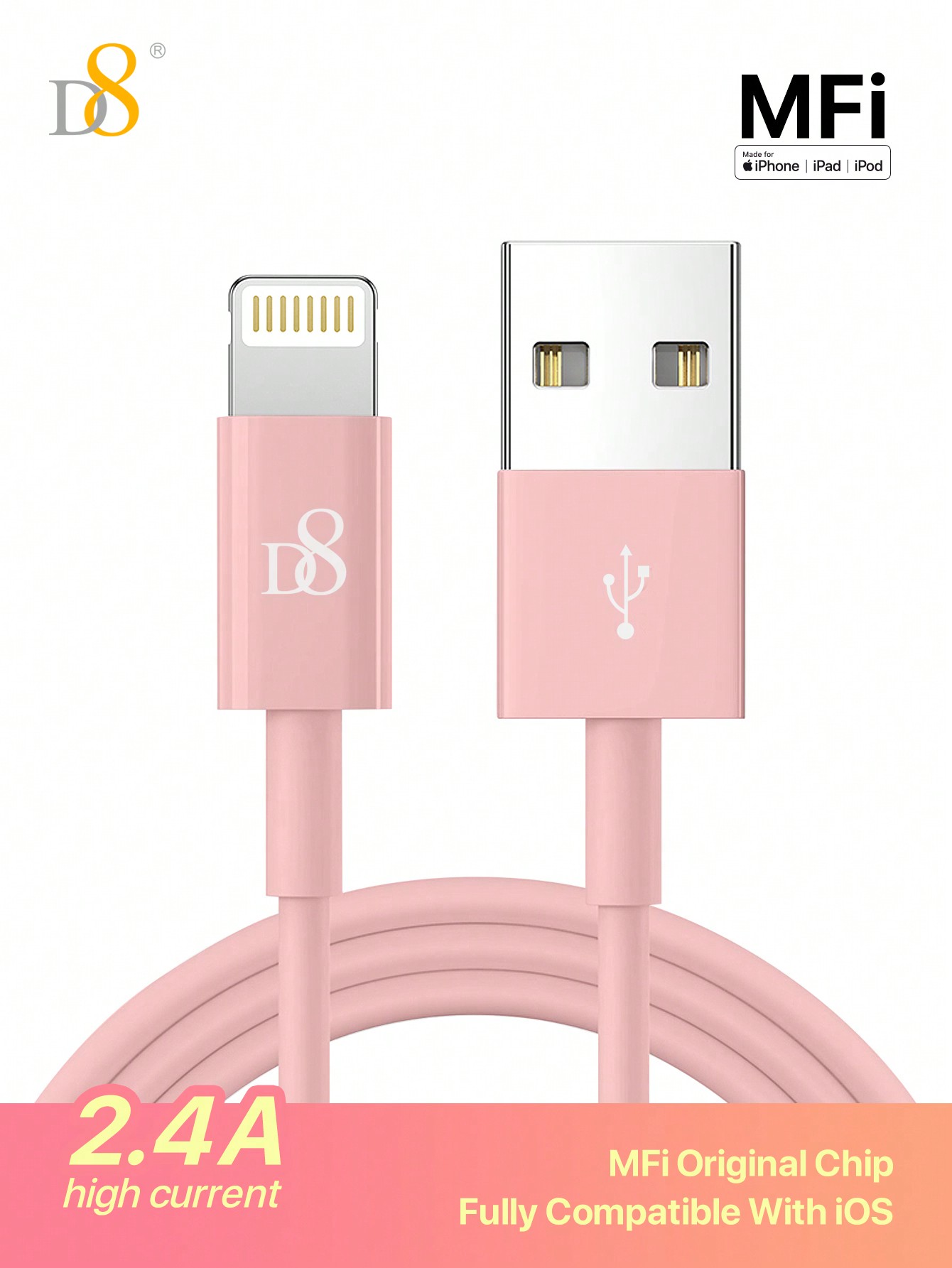 D8 1pc  USB A To Lightning Cable 2.4A Fast Charging QC Quick Charge [MFi Certified] Lightning Cable , iPhone Charger Cord Fast Charging Cable Compatible iPhone  14/13/12/12 Pro Max/11/11Pro/XS/Max/XR /X/8/ 8Plus/iPad /iPad Pro/Air/Mini