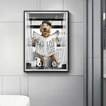 1幅有趣動物海報,黑白狗狗看報紙的帆布畫壁畫,適用於臥室、浴室、廁所牆面裝飾,不含相框 - 1個 - 查看 6