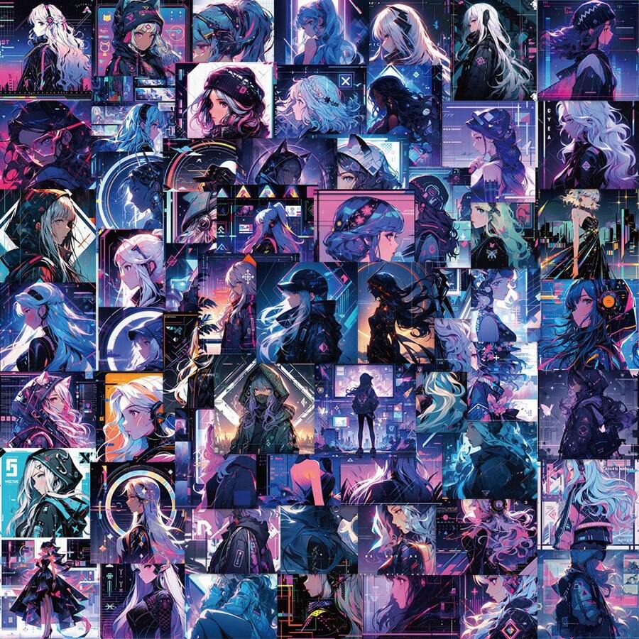 62入組赛博朋克女孩插畫貼紙個性化裝飾吉他手提電腦行李箱diy防水貼紙 - 彩色 - 查看 1