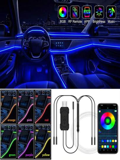 Car Interior LED Strip Lights,RGB 5 In 1  Fiber Optic.  Ambient Lighting Kits, Sound Active Function And Wireless App Contro
