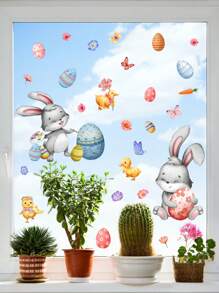 2 件/套復活節主題卡通兔子和鴨子、蝴蝶和花卉、蛋形窗貼、家居裝飾牆貼 - 彩色 - 查看 6