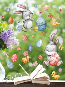 2 件/套復活節主題卡通兔子和鴨子、蝴蝶和花卉、蛋形窗貼、家居裝飾牆貼 - 彩色 - 查看 5