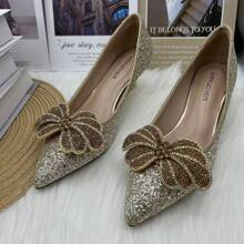 Detachable Shoe Clip With Metallic Rhinestone, Pearl, Fairy Heel Decoration For Women's Shoes, Bowknot & Butterfly Shaped - Gold - View 2