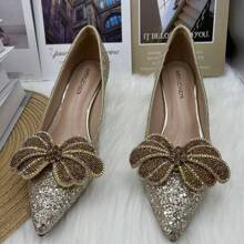 Detachable Shoe Clip With Metallic Rhinestone, Pearl, Fairy Heel Decoration For Women's Shoes, Bowknot & Butterfly Shaped - Gold - View 1