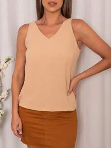 feminina regata basica colarinho V tecido duna