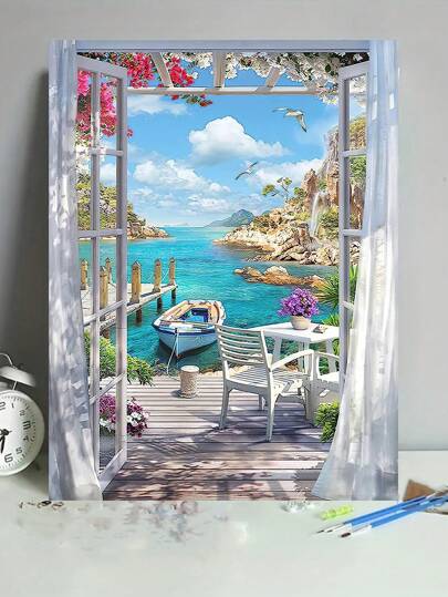 1pc Seaside Landscape Digital Oil Painting Kit, Suitable For Beginners, Home Decor, Gifts, DIY Digital Oil Painting Coloring
