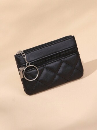 Women's Short Double Zipper Pocket Wallet Thin Pu Leather With Diamond Shape Stitching Mini Coin Key Wallet Keychain Accessory Credit Card Holder Elegant Small For Women Wallet Purse Wallet Small Wallet