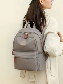 Ladies' Plain Color High Capacity Backpack, Simple Casual Student Backpack For Travel And Storage - Khaki - View 2