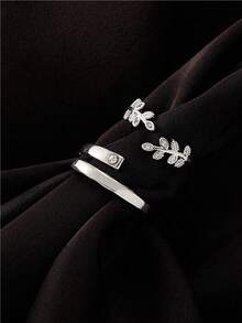 2 枚男士情侶戒指,時尚經典鑲嵌樹葉裝飾,開口戒指套裝,適合女士和男士,節日、婚禮和求婚,日常佩戴,帶禮盒