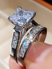 2入組豪華時尚方形鑲嵌情侶戒指,男女婚嫁求婚專用,中性設計高端珠寶 - 方形 - 查看 14