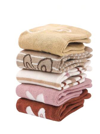 5 par söta tecknade mönsterstrumpor för baby, flerfärgade vårnyheter, halkfria strumpor för pojkar och flickor