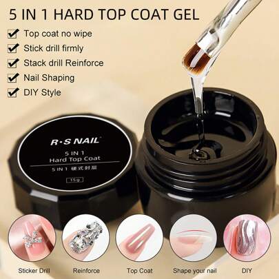 RS NAIL 5 IN 1 Hard Top Coat 1pc 15g Reinforce Gel Nail No Wipe Top Gel Efficient Function Adhesive Water Nail Art Gel DIY Design