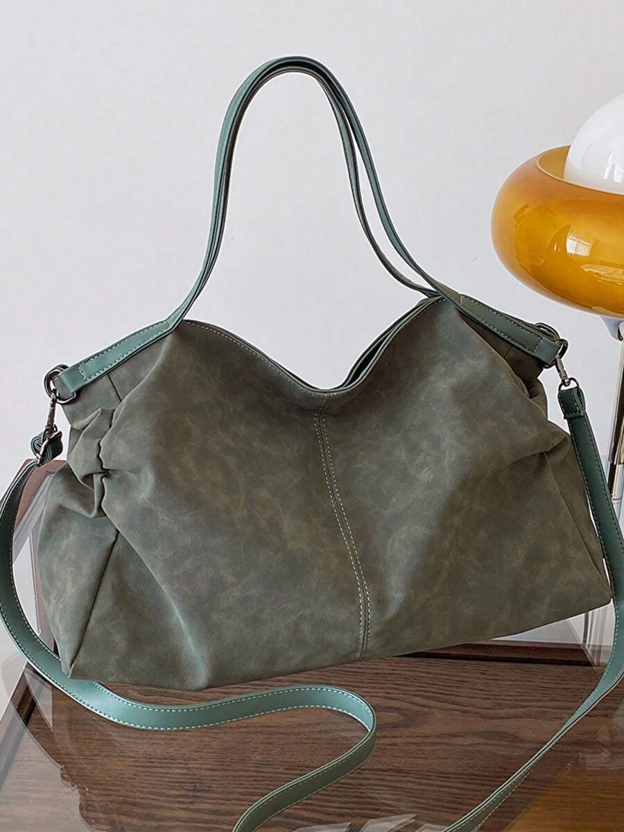 Bolso Tote De Moda De Pu Monocromático Portátil Con Cierre De Cremallera, Adecuado Para Uso Diario De Mujeres (1 Unidad) - Verde - Ver 1