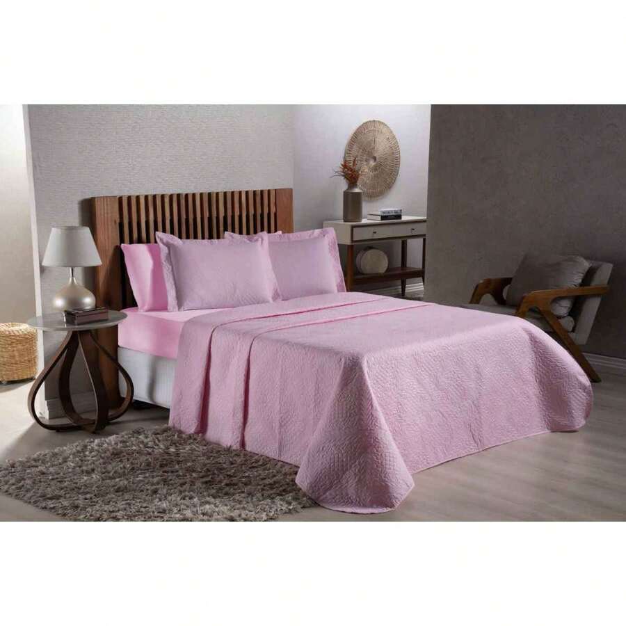 Kit De Colcha De Cobre Cama Matrimonial Estándar + Juego Completo De Sábanas De 4 Piezas - Rosa Pálido - Ver 1