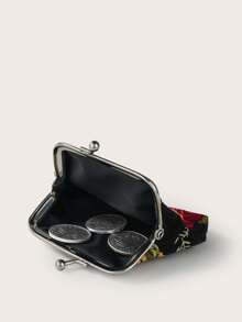 Mini Cute Rose Flower Printed Canvas Coin Purse For Kids - Black - View 3