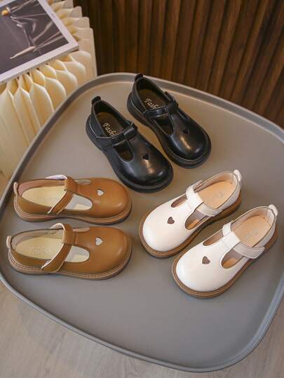 1雙女童皮革魔術貼扣扁鞋，適合男孩穿著，四季皆可穿，防滑耐磨