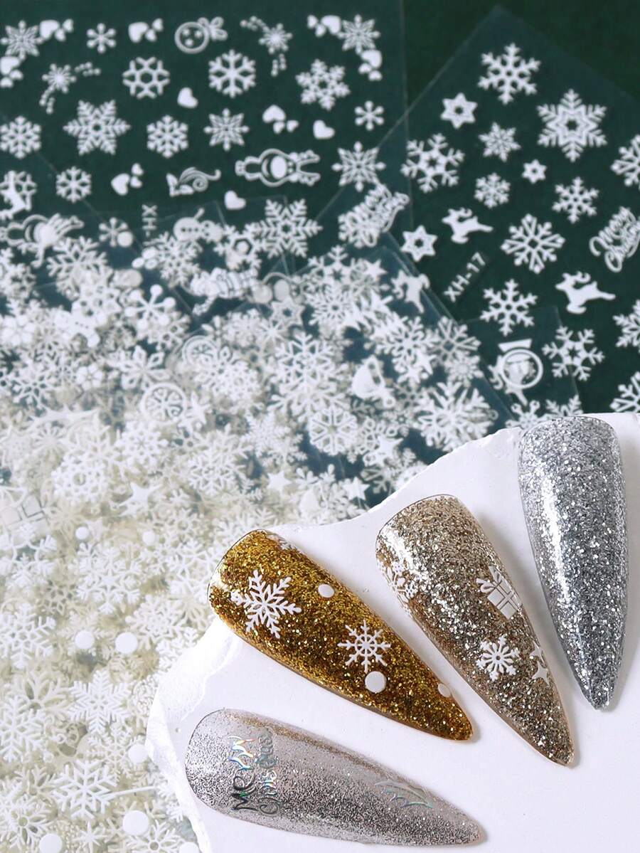 30pcs/Set Mixed Christmas Nail Stickers White Snowflake Self-Adhesive Nail Stickers Snowflake Design 3D Stickers Decorative Appliques - 白色 - 查看 1