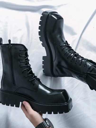 非常适合搭配毛衣，男士黑色靴子办公室派对休闲风格方头系带靴摩托车靴 Pu 顶级切尔西靴