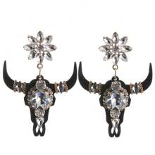 1 Pair Champagne Cow Heads Earring Of Personalized New Gothic Women's Cow Horns, Hanging Earrings, Resin Glass Rhinestones, Gold, Suitable For Outings, Parties, And Holidays - Champagne - View 5