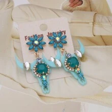 1 Pair Champagne Cow Heads Earring Of Personalized New Gothic Women's Cow Horns, Hanging Earrings, Resin Glass Rhinestones, Gold, Suitable For Outings, Parties, And Holidays - Champagne - View 7