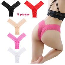 5 Piezas/pack Tanga De Encaje Para Mujer En Tallas Pequeñas, Diseño Calado, Sexy Y Encantador Bóxer Cachetero De Encaje Pantaletas Sexy - Multicolor - Ver 1