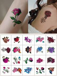 20pcs Colorful Butterfly & Flower Compressed Design Water-resistant Realistic Temporary Tattoo Stickers For Shoulder, Neck, Clavicle, Hand - Multicolor - View 1