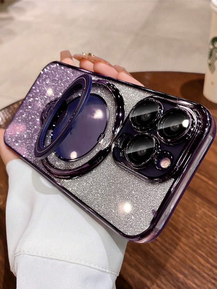 1PC Purple Bling Glitter Gradient Sequin With Stand Camera Glass Film Clear Phone Case Compatible With IPhone 15 14 13 12 11 XS XR X 7 Plus Pro Max Silicone Full Coverage Protective
