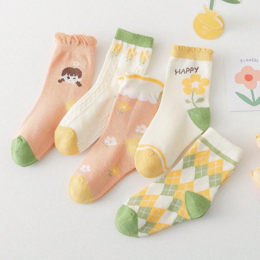 5 cặp/gói Cô gái Phim hoạt hình dễ thương Vàng Vớ Với Hoa , Màu hồng Ren , Quả cherry & Hoa văn kẻ sọc , Mềm mại & Thoải mái , Hàng mới đến Đối với Mùa thu & Mùa Đông , Giữa bắp chân Phong cách , Thích hợp Với Giày thể thao & Nhỏ bé Da Giày dép , Hoàn hảo Đối với Tất cả các mùa , vui tươi , Đúng mốt & Thanh lịch Phong cách , Lý tưởng Đối với Lễ hội , Thích hợp Dành cho Cô gái Và Sinh viên , Mùa Đông Ấm áp Vớ Đối với Trẻ em - Nhiều màu - Xem 1