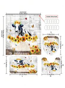 1入組牛、向日葵、浴缸圖案淋浴簾或廁所地毯墊,4入組豪華防水淋浴簾組,附12個淋浴簾掛勾 - 彩色 - 查看 3