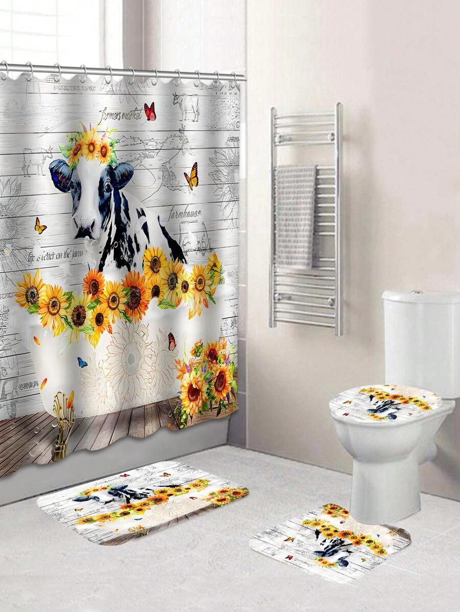 1入組牛、向日葵、浴缸圖案淋浴簾或廁所地毯墊,4入組豪華防水淋浴簾組,附12個淋浴簾掛勾 - 彩色 - 查看 1