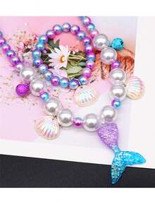 5入組美人魚尾巴主題女孩珍珠項鍊、手鍊、戒指、耳環套裝,寶寶兒童配飾