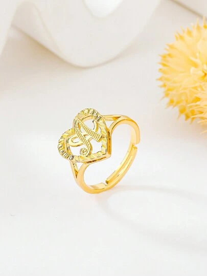 1pc Simple Style Open Heart Shaped Fashionable Letter Ring In Vintage Style