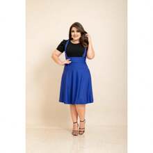 Jardineira Suspensório Saia Gode Azul Royal Midi Moda Feminina Gospel Tendencia Verão - Azul Royal - Visão 2