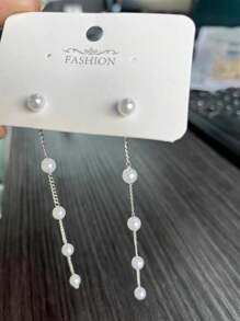 Faux Pearl Long Chain & Tassel Dangle Earrings