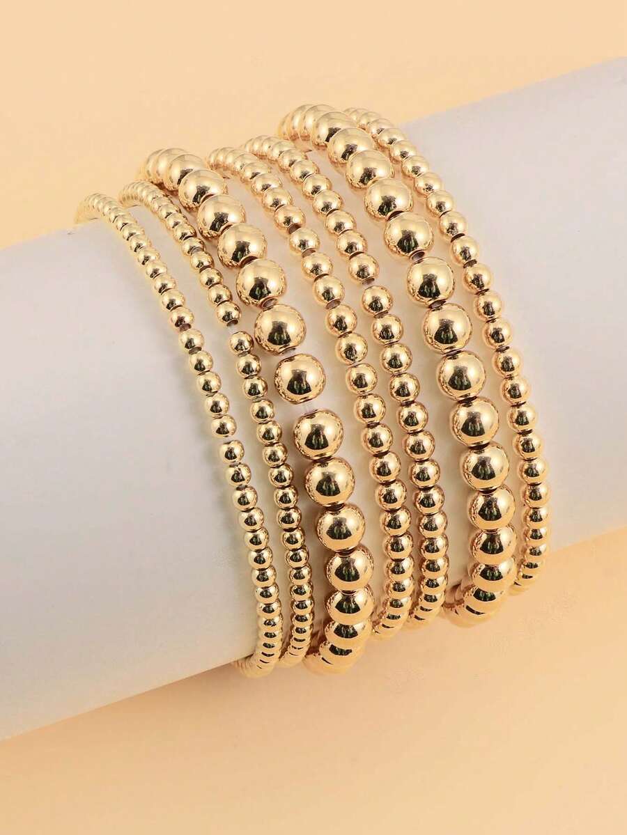 7pcs/set Gold Ccb Beaded Bracelets (assorted Sizes) For Women's Daily Wear - Golden ball bead bracelet - View 1
